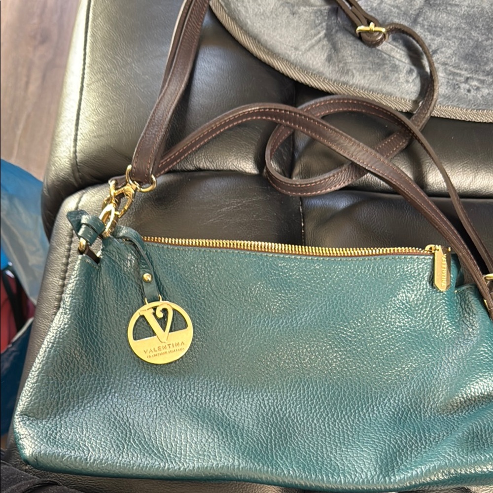 Valentina Green and Brown Shoulder Bag with Gold Hardware